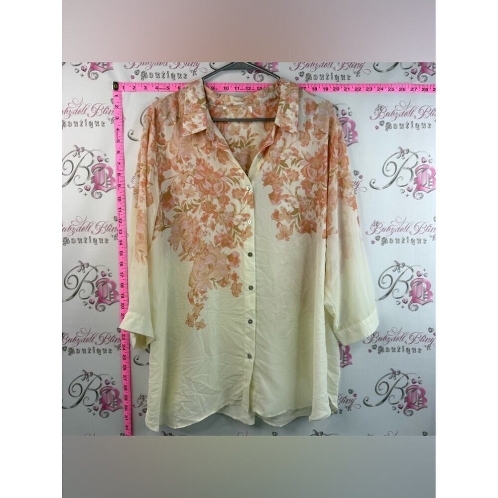 Button Down Front Blouse Top - Floral Print, Peach Cream